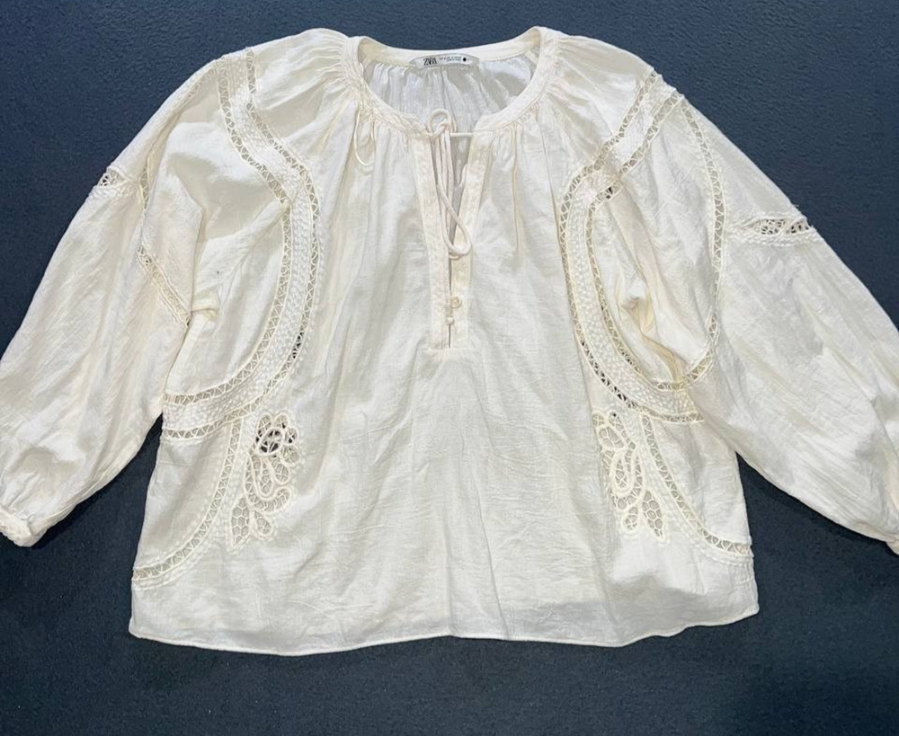 ZARA Women’s Embroidered Peasant Blouse Size M Cream Ivory BOHO A011247